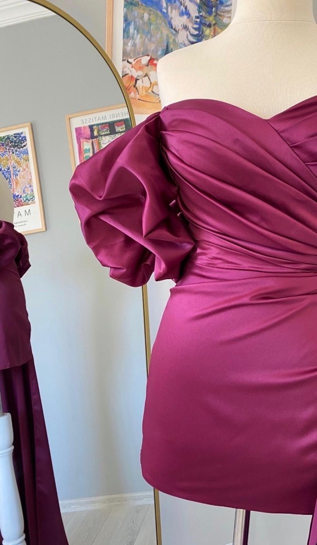 Parlak Mor Straplez Drapeli Mini Elbise - Görsel 4