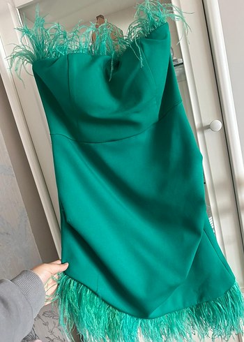 Yeşil Straplez Drapeli Midi Abiye Elbise - Görsel 2