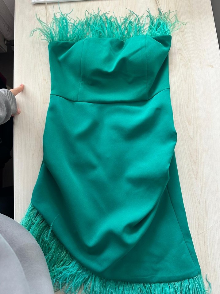 Yeşil Straplez Drapeli Midi Abiye Elbise - Görsel 3