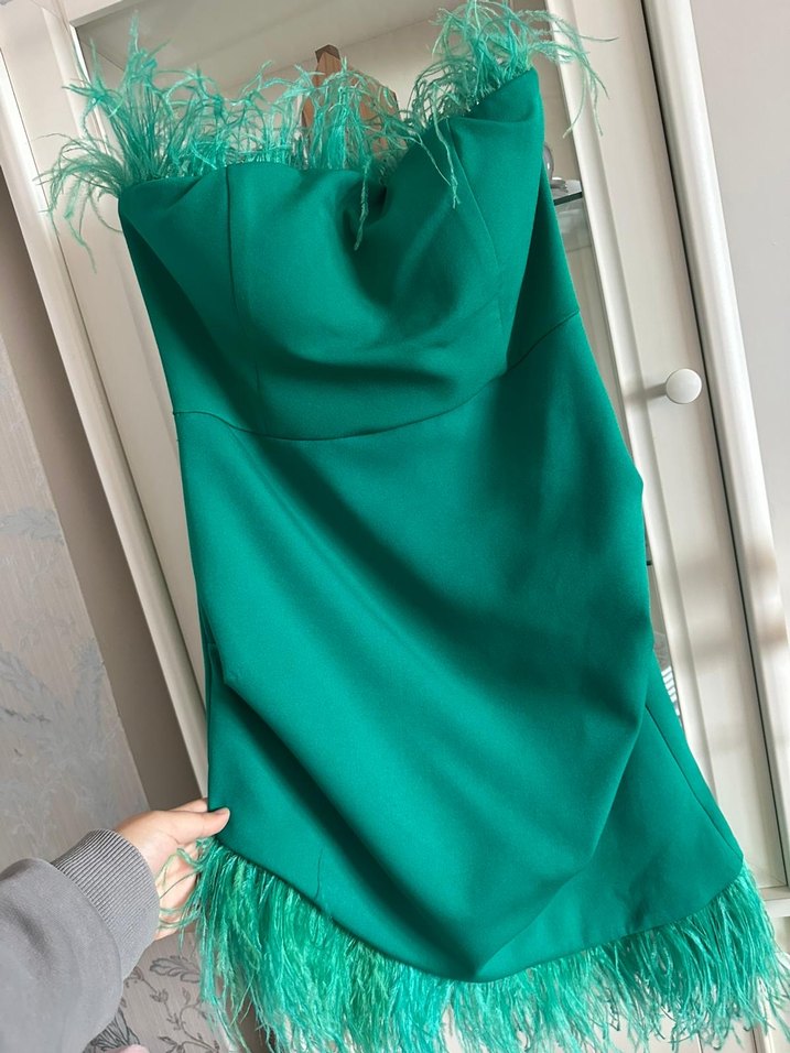 Yeşil Straplez Drapeli Midi Abiye Elbise - Görsel 2