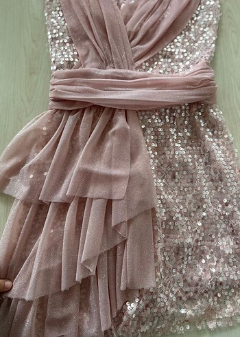 Pullu Mini Straplez Pembe Abiye Elbise - Görsel 4