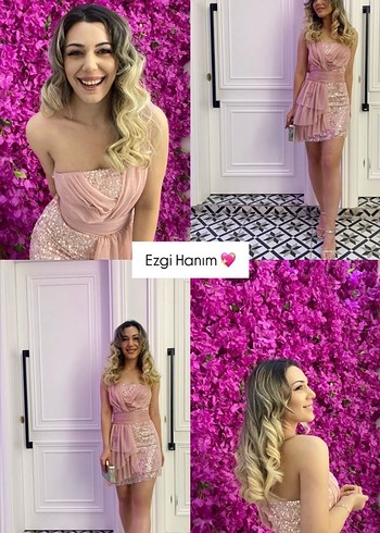 Pullu Mini Straplez Pembe Abiye Elbise - Görsel 2