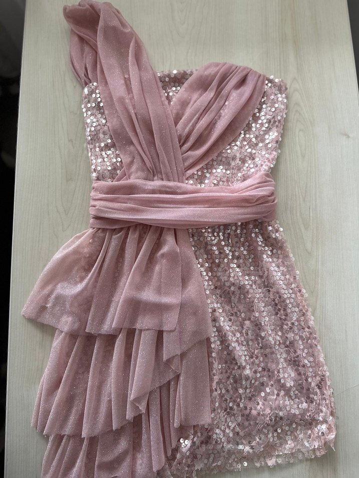 Pullu Mini Straplez Pembe Abiye Elbise - Görsel 3