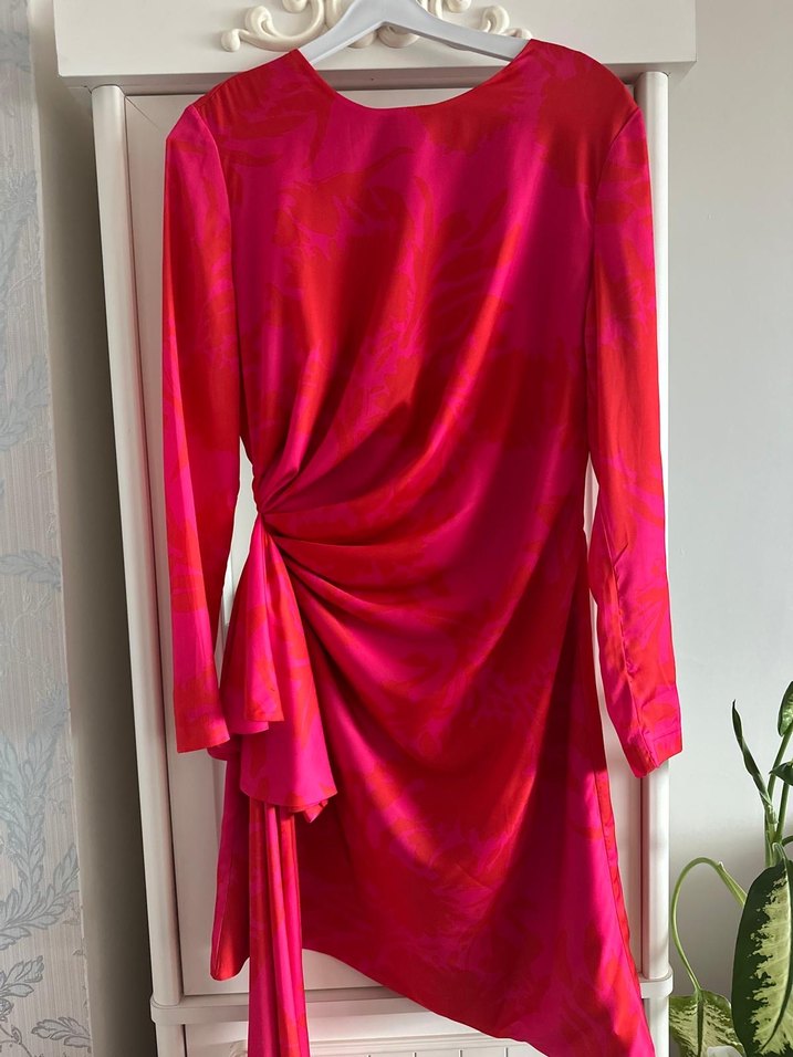 Pembe Drapeli V Yaka Kadın Elbise - Görsel 5