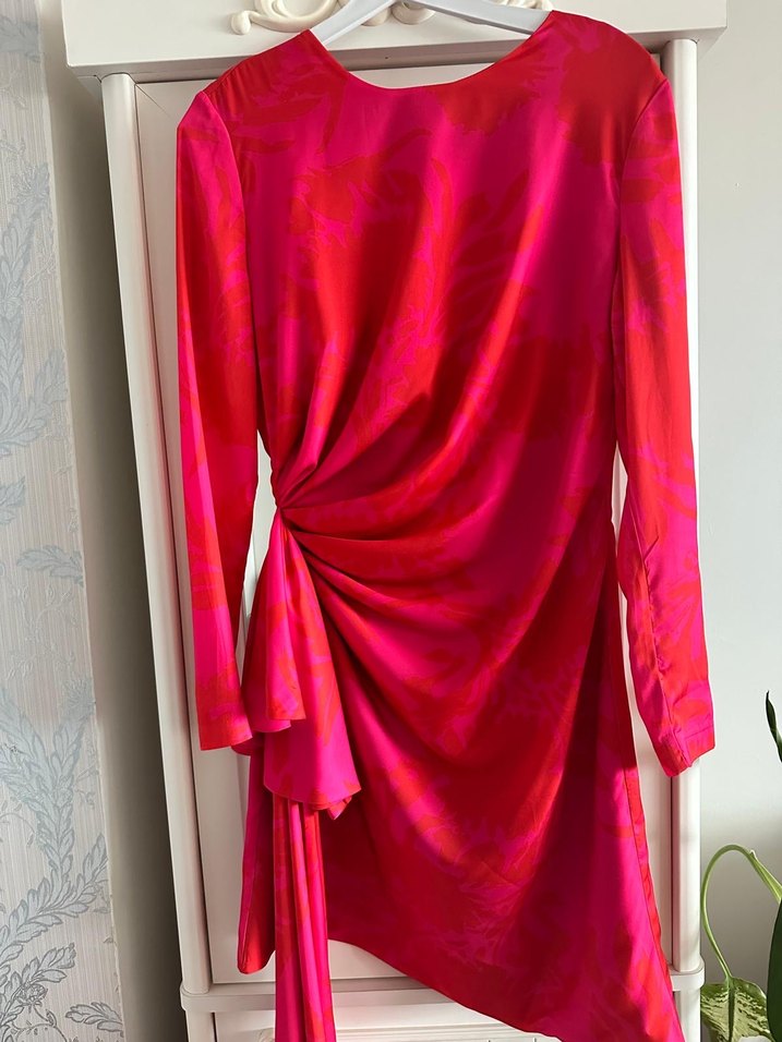 Pembe Drapeli V Yaka Kadın Elbise - Görsel 4