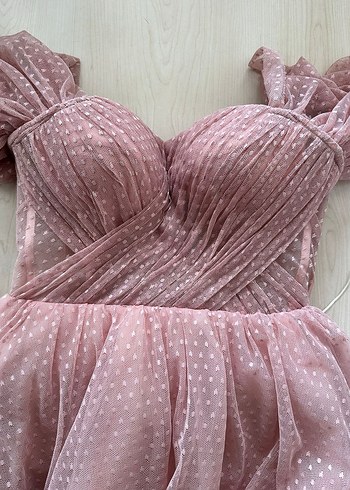 Pudra Pembe Straplez Midi Nişan Elbisesi - Görsel 3