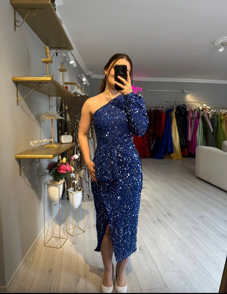 Mavi Tek Kollu Parlak Uzun Abiye Elbise - Görsel 2