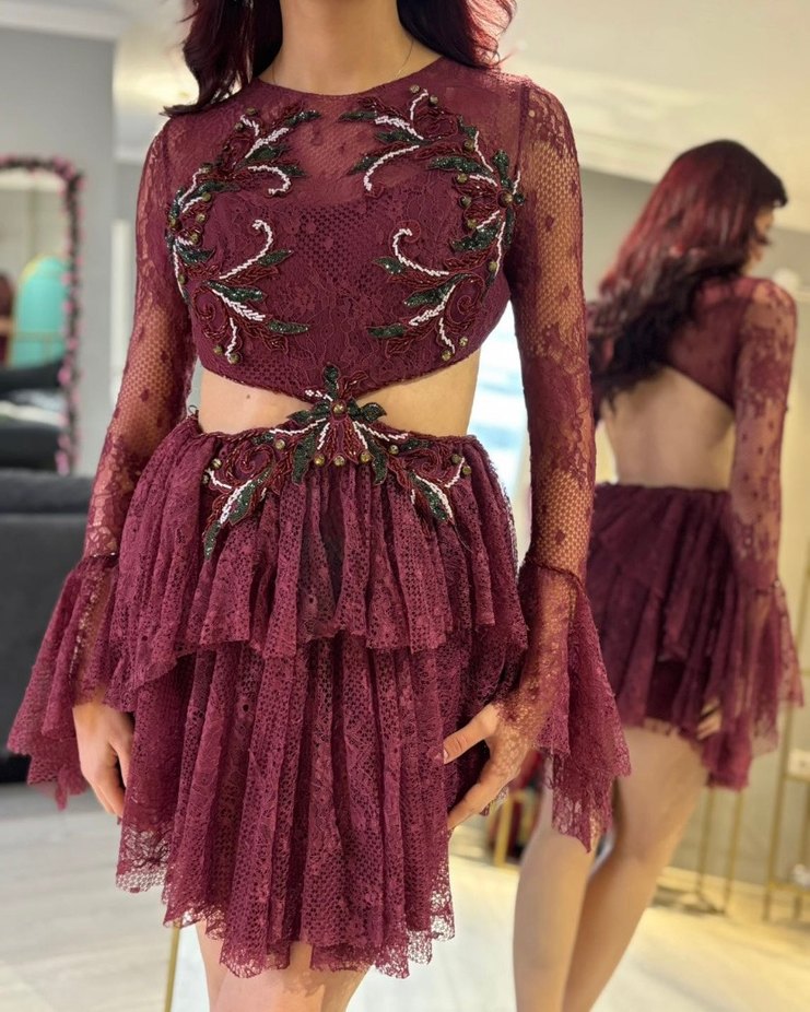 Bordo Dantel Detaylı Mini Abiye Elbise - Görsel 2
