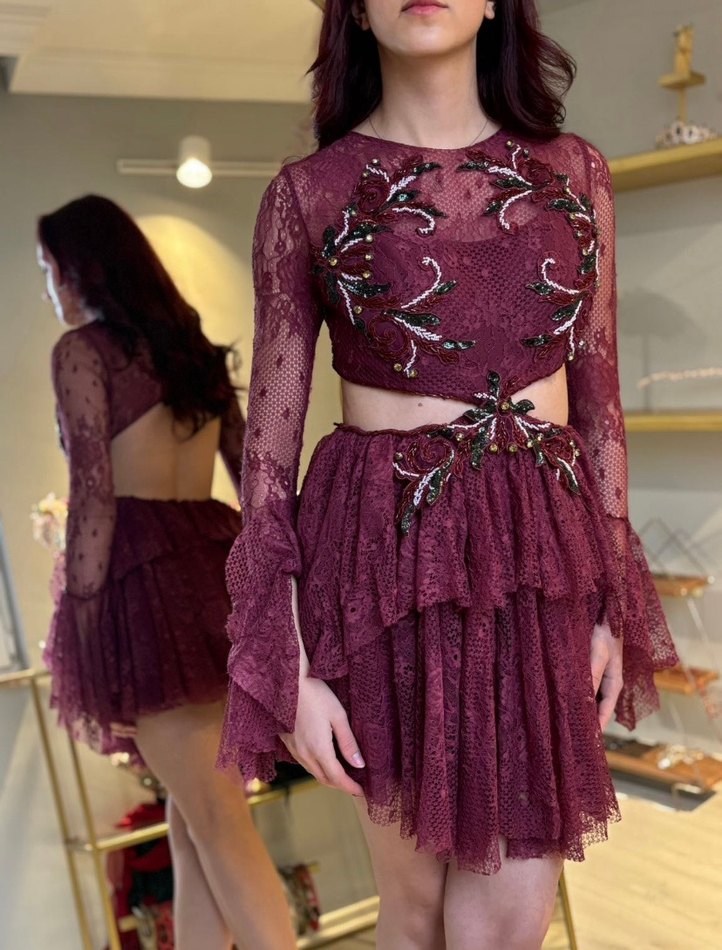 Bordo Dantel Detaylı Mini Abiye Elbise - Görsel 3