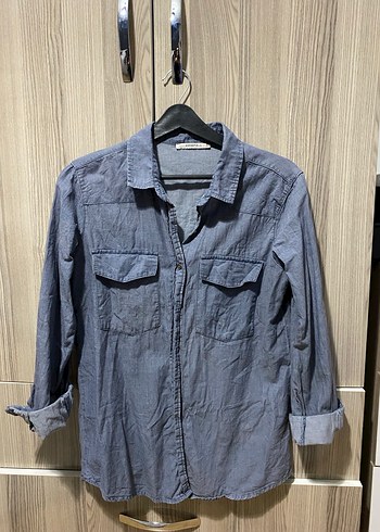 Gri Denim Uzun Kollu Kadın Gömlek