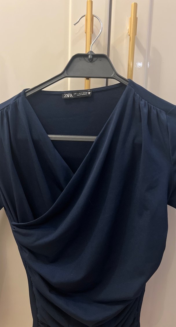 Lacivert V Yakalı Uzun Kollu Kadın Bluz - Görsel 3