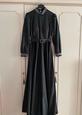 Kemerli Siyah Uzun Kollu Uzun abiye - Görsel 4