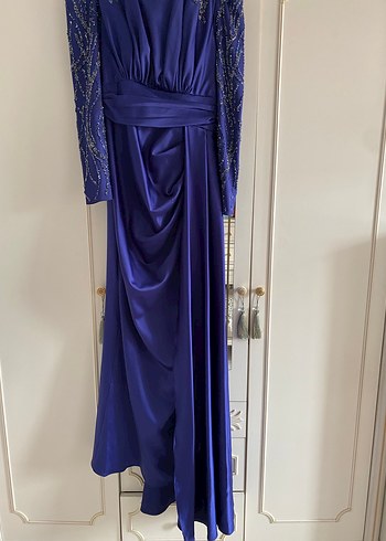 Uzun Kollu Drapeli Parlak Mor Abiye Elbise - Görsel 2