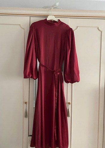 Bordo Uzun Saten Elbise Drapeli - Görsel 2