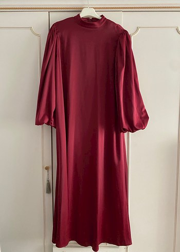 Bordo Uzun Saten Elbise Drapeli - Görsel 3