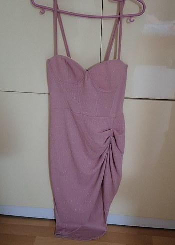 Pembe Drapeli Midi Abiye Elbise