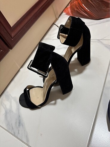 Shoe Tek Tek bant süet kalın topuk