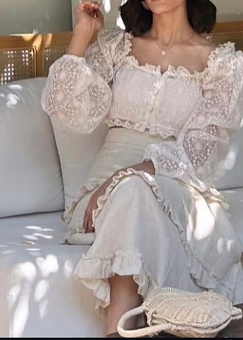 Uzun, fırfırlı, yırtmaçlı, krem rengi, bohem etek - Görsel 2