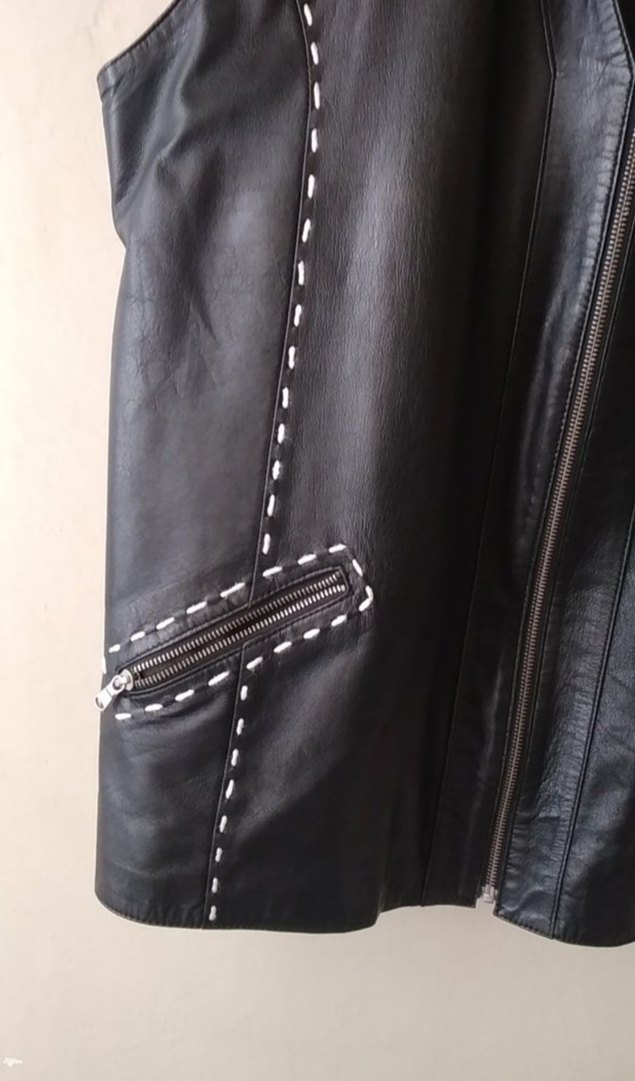 Erkek Siyah Deri Biker Yelek Fermuarlı - Görsel 2