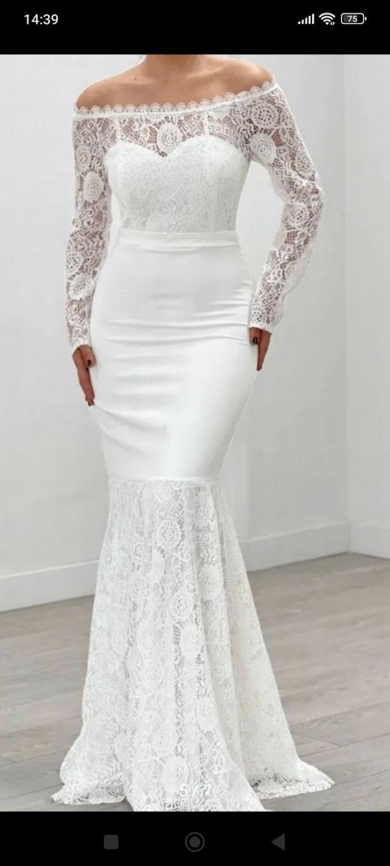 Dantel Detaylı Uzun Kollu Beyaz Gelinlik - Görsel 4