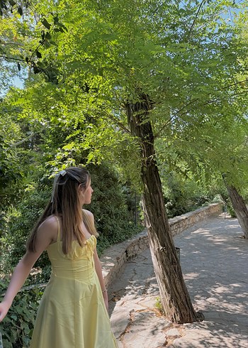 Sarı Butter Yellow Midi Askılı Fırfırlı Kadın Elbise - Görsel 2