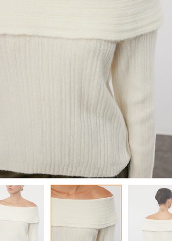 Bej Kayık Yaka Örgü Kadın Kazak - Görsel 3