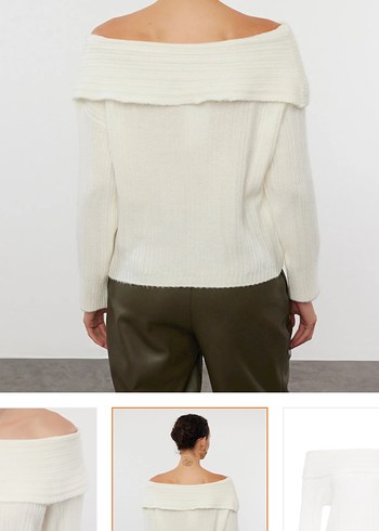 Bej Kayık Yaka Örgü Kadın Kazak - Görsel 4