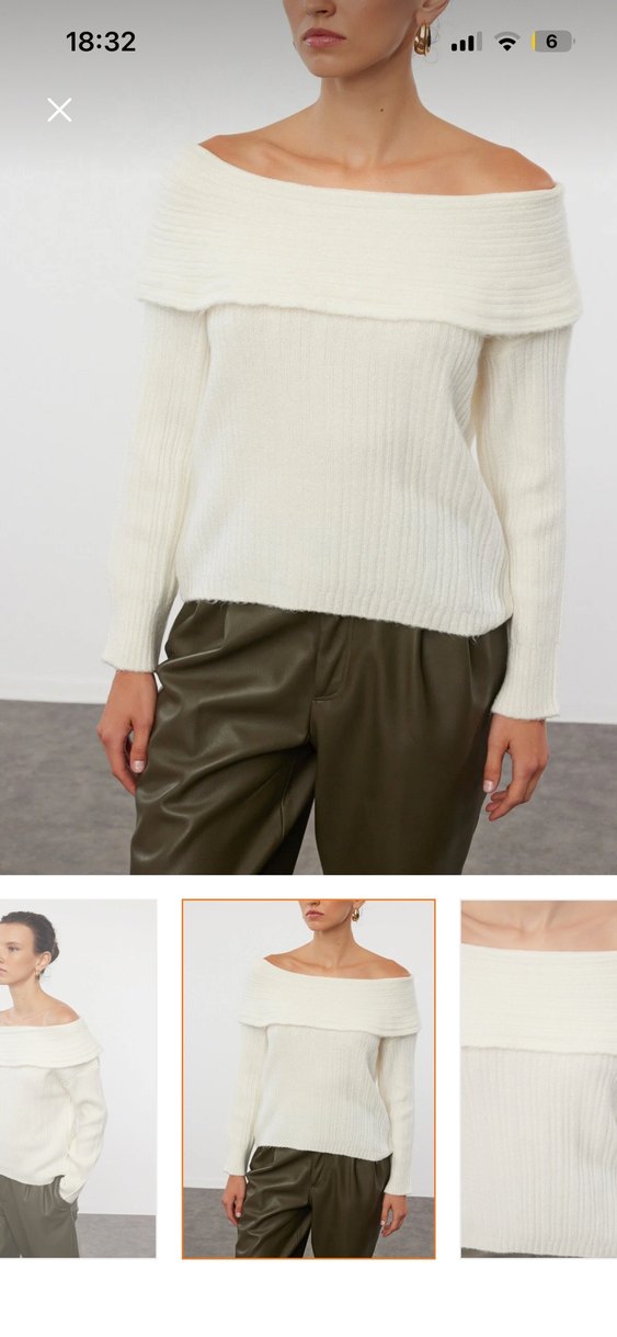 Bej Kayık Yaka Örgü Kadın Kazak - Görsel 2