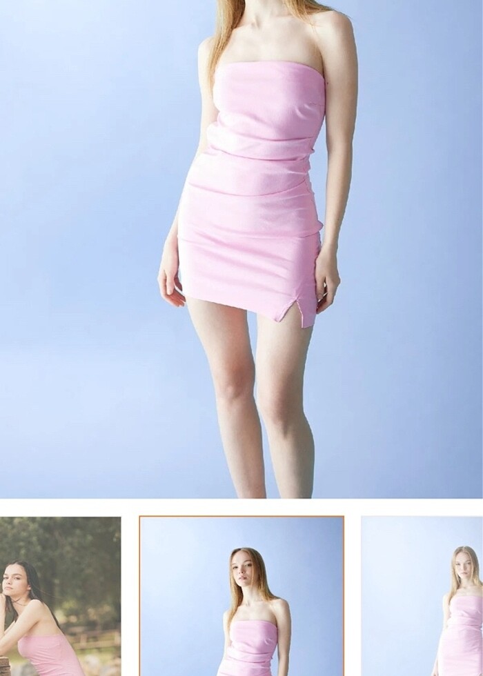 pembe straplez mini elbise - Görsel 2