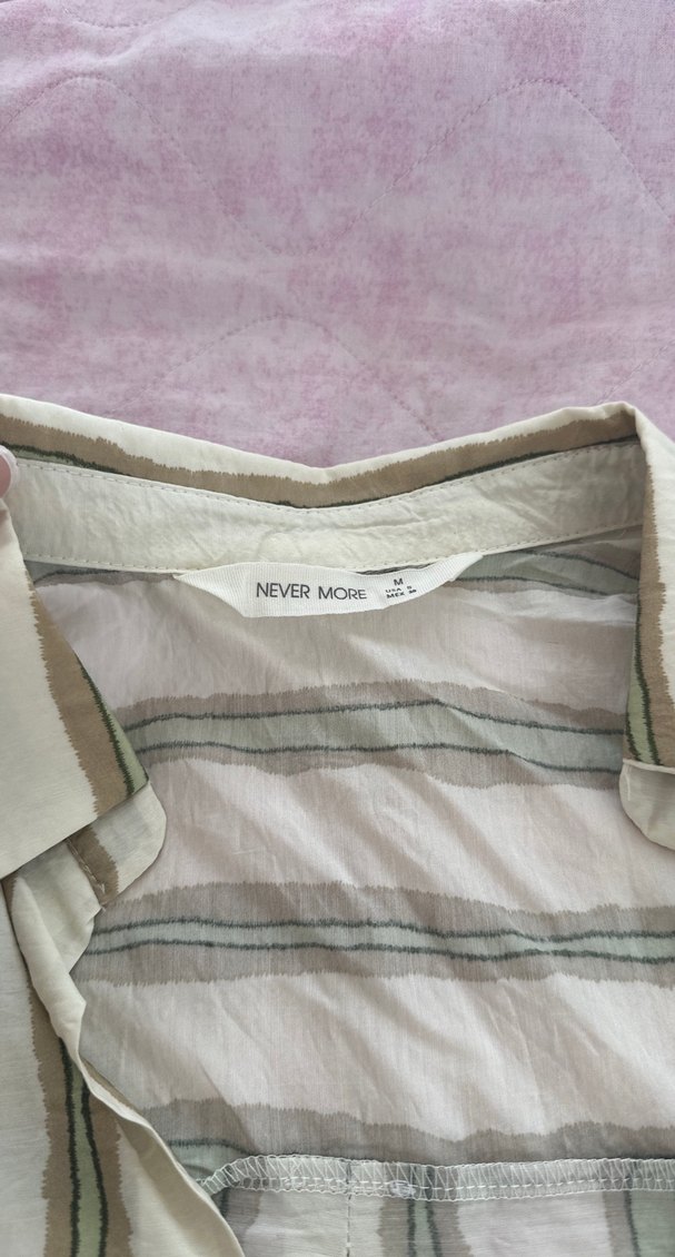 Bej Çizgili Uzun Kollu Keten Gömlek - Görsel 2