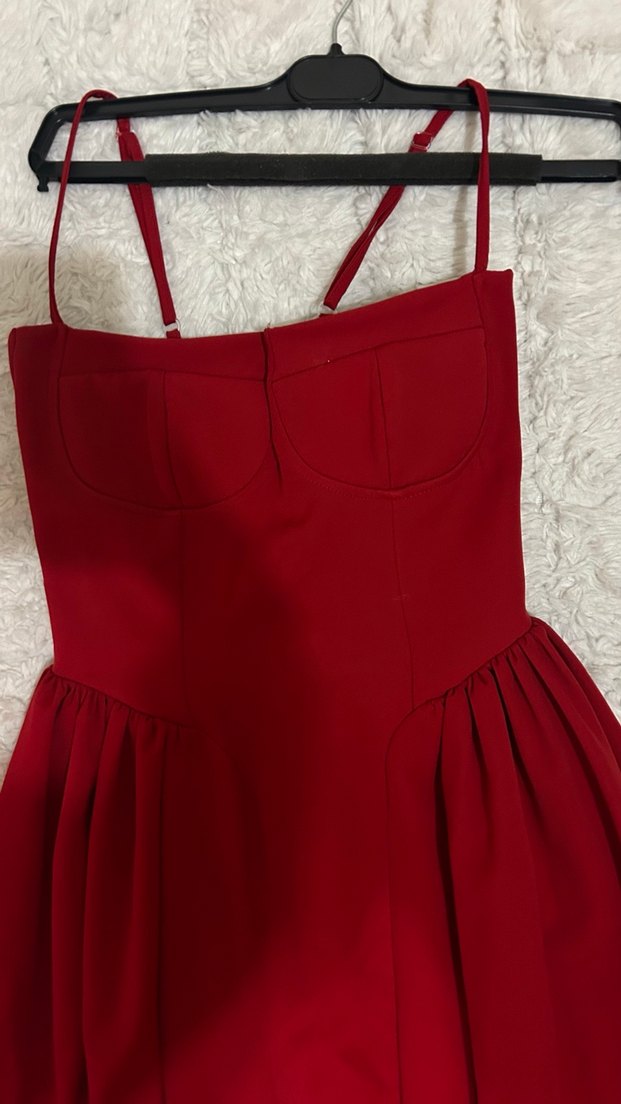Kırmızı Drapeli Mini Abiye Elbise - Görsel 2