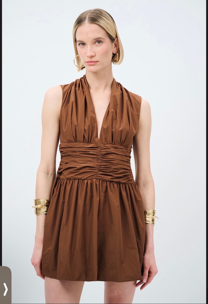 Kahverengi Saten Midi Halter Yaka Elbise - Görsel 3