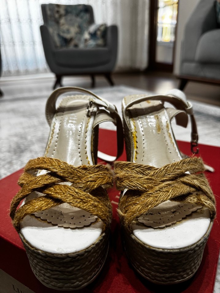 Beyaz Hasır Dolgu Topuklu Bohem Sandalet - Görsel 2