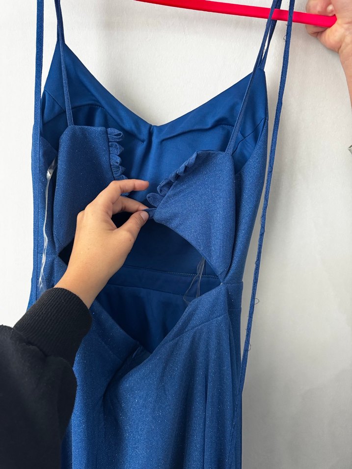 Mavi Uzun Askılı Drapeli Kadın Elbise - Görsel 4