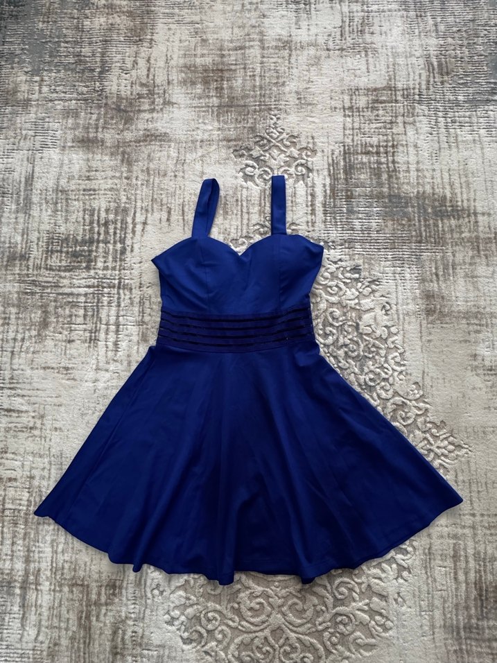 Parlak Mavi Askılı Pilili Midi Elbise - Görsel 2