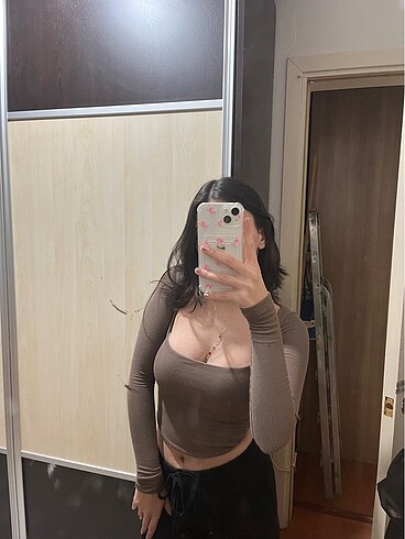 kahverengi crop bluz kare yaka uzun kollu