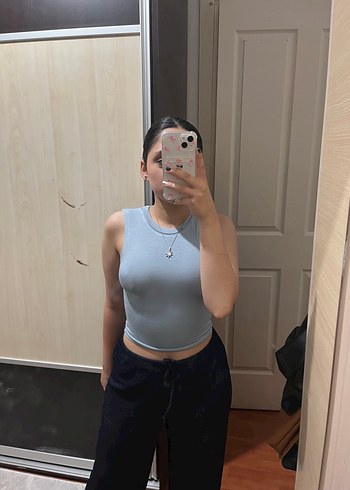 s Beden mavi Denim Yüksek Yakalı Kadın Crop Top