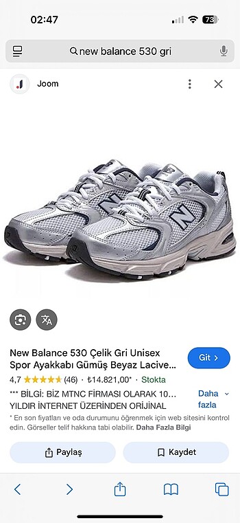 38 Beden New Balance 530 çelik gri orjinal sıfır