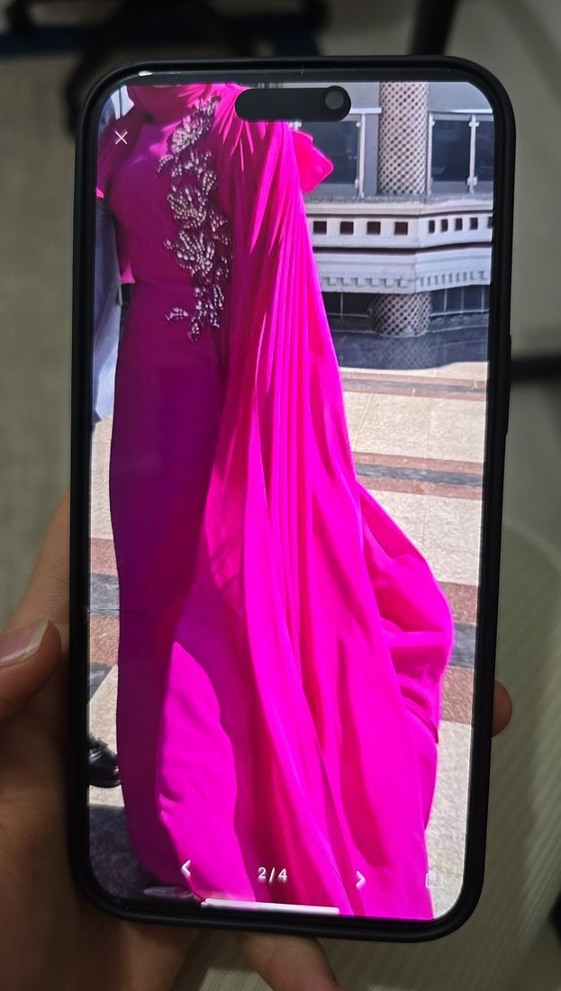 Pembe İşlemeli Uzun Kollu Fiyonklu Abiye - Görsel 3