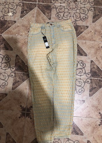 Diğer Sari Baglama Desenli Midi Kadin Kot Pantolon