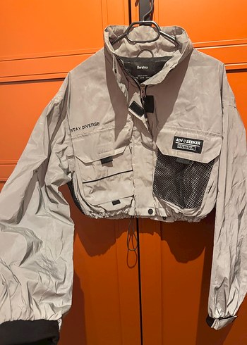 s Beden Baskılı Kemerli Kadın Streetwear Ceket reflektör kumaş