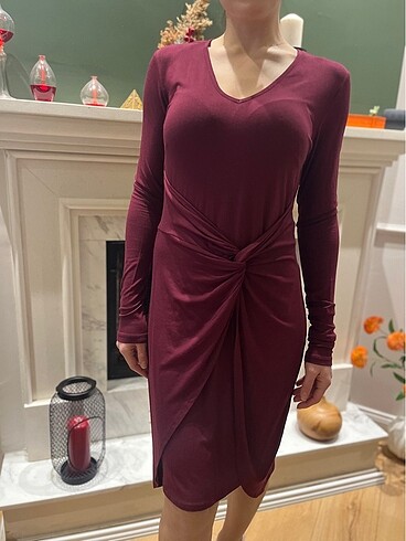 s Beden bordo Renk BAĞLAMA DETAYLI ZARA MODEL ELBİSE