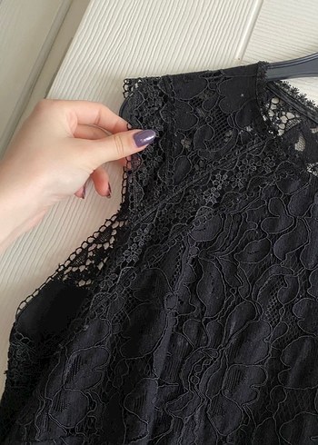 EKOL Dantel Detaylı Siyah Midi Kadın Elbise - Görsel 3