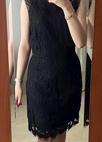 EKOL Dantel Detaylı Siyah Midi Kadın Elbise - Görsel 2