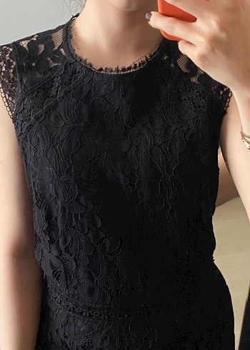 EKOL Dantel Detaylı Siyah Midi Kadın Elbise - Görsel 4