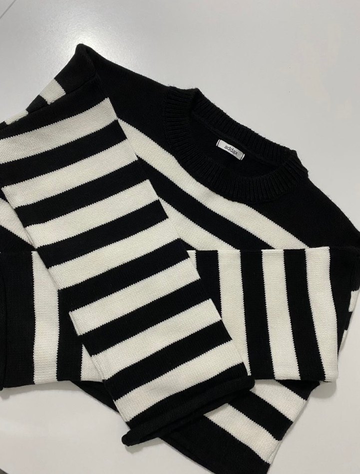 Kadın Siyah Beyaz Çizgili Triko Kazak - Görsel 2