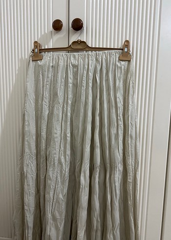 Beyaz Pilili Uzun Keten Etek kırışık - Görsel 4