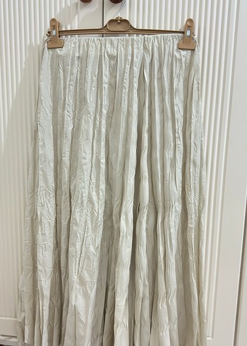 Beyaz Pilili Uzun Keten Etek kırışık - Görsel 2