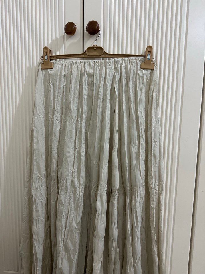 Beyaz Pilili Uzun Keten Etek kırışık - Görsel 4