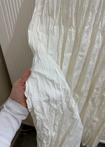 Beyaz Uzun Keten Pilili Etek kırışık - Görsel 4